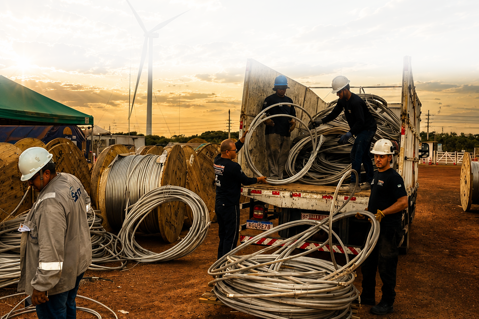 Equipe carregando bobinas de cabos metálicos em operação de coleta industrial
